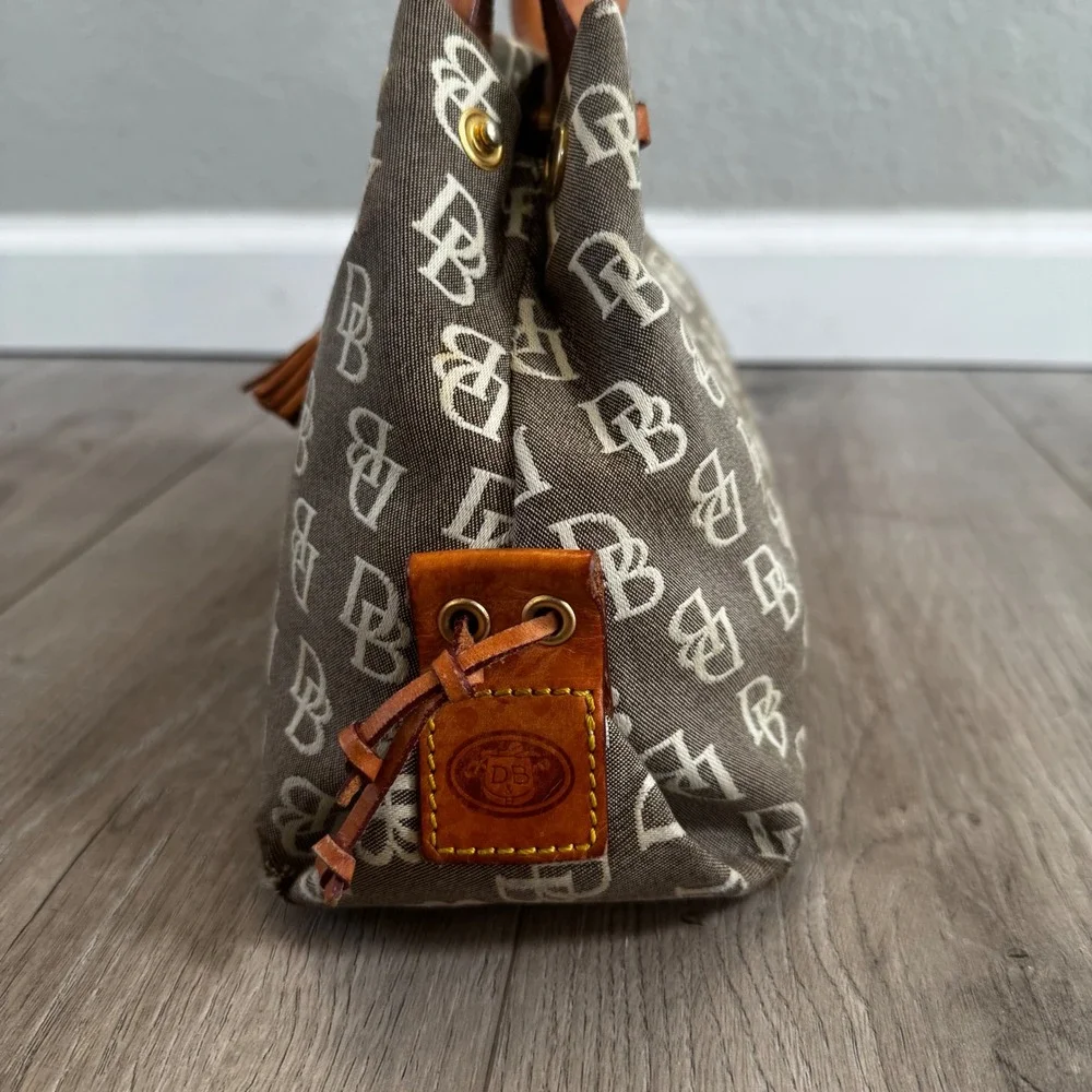 Vtg Dooney & Bourke Monogram Canvas Satchel Bag Leather Trim Tassel Handbag y2k